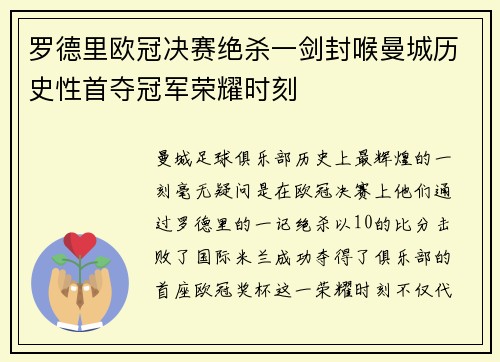 罗德里欧冠决赛绝杀一剑封喉曼城历史性首夺冠军荣耀时刻
